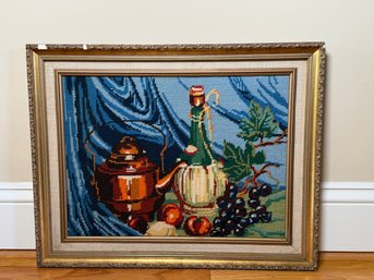 A Pretty Needlepoint Copper Kettle Framed Art Piece