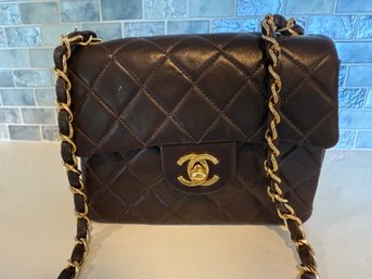 Vintage Classic Mini Chanel Designer Shoulder Bag In Chocolate Brown Quilted Lamb Skin Leather