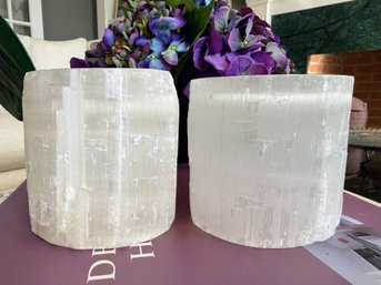 Pair Of Selenite Tea-light Holders