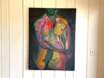 Polychromatic Kneeling Figure Oil On Canvas