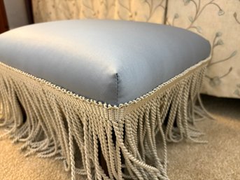 Silvery Blue Jacquard Footstool Ottoman With Gray Bullion Fringe Trim