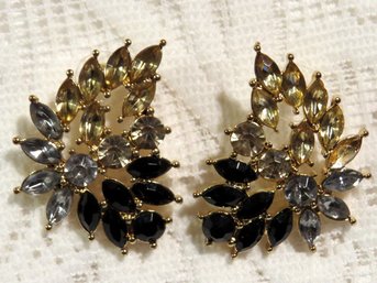 Stunning Multi-color Rhinestone Floral Leaf Design Gold Tone Stud Pierced Earrings