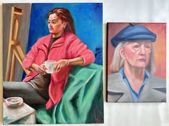 2 Original Oil Paintings Portraits Of Women Created At The Art Student's League, Signed SC