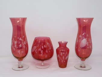 Collection Of 4 Vibrant Cranberry Etched Glass Footed Vases