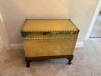 Riveted Brass Hinged Trunk On Footed Wood Stand
