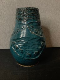 Blue Carved & Glazed Pottery Vase