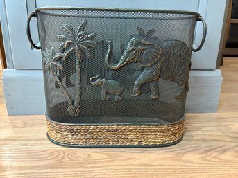 MCM Mesh Metal Waste Basket  / Tin Elephants & Palms Design/ Rattan Bottom