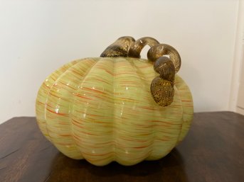 Hand Blown Art Glass Pumpkin Orange Green Flecks Twisted Reeded Clear Stem