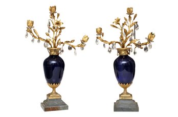 Pair Of Cobalt Blue Gilded French Candelabra In 19th Century Louis XVI Style