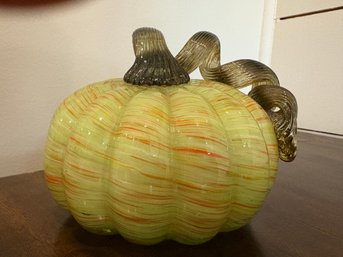 Small Hand Blown Art Glass Pumpkin Orange Green Flecks Twisted Reeded Clear Stem