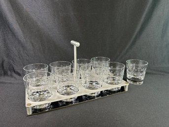 MCM Cubist Etched Rock Glasses In Metal Caddy Plus One Extra Glass.
