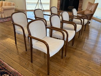 Vintage Modernist Walnut Arm Chairs With Cream Tweed Fabric