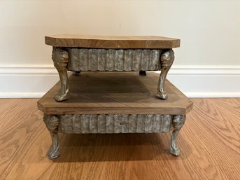 New French Country Farmhouse SET 2 RISER BENCH Shelf Stands Wood With Metal Legs