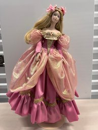 Large Vintage Porcelain Doll In Pink Victorian Dress With Stand  Approx. 20 Tall