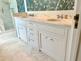 An 83 Inch Calacatta Gold Marble Top Double Vanity - Bath 1A - Removed & Ready For Pickup