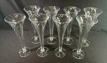 8 Vintage Hand-blown Crystal Optic Swirl Hollow Stem Champagne Flutes.