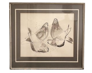 Silver Border Custom Framed Original Pigeon Sumi-e Drawing - Signed