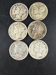 Lot Of 6 Mercury Silver Dimes 1940, 1941, 1942, 1943, 1944, 1945