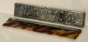 Vintage Danish Comb With Embossed Silverplate Scene On Cover