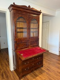 Antique Flame Mahogany Two Piece Secretary Bookcase With Glass Door Hutch