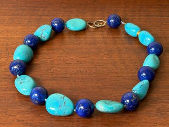 Beautiful Blue & Turquoise Beaded Necklace With Sterling Silver Clasp