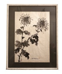White Wood Framed Original Sumi-e Chrysanthemum Painting Signed By Ridd-Howell