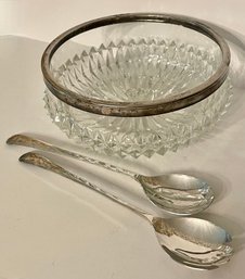 English Glass Bowl  & Two Sheffield Silver Plate Serving Spoons