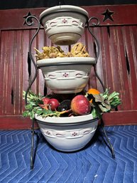 Longaberger 3-tier Wrought Iron Bowl Stand With Ceramic Mixing Bowl Bowls And Artificial Vegetables