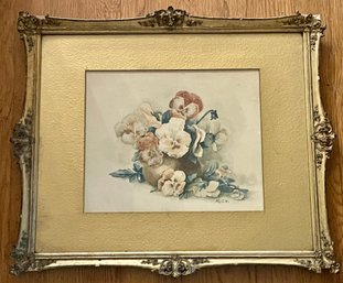 Lovely Victorian Framed Water Color - Vase With Pansies