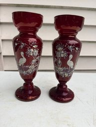 Pair Of Vintage Egermann Bohemian Ruby Red Glass Vases
