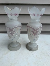 Pair Of Antique Victorian Era Frosted Opaline Glass Vases
