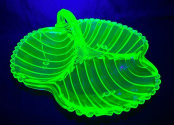 Vintage Uranium Glass Candy Three-compartment Serving Dish. Clover Shaped With Handle.