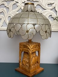 Gorgeous Vintage Mid Century Carved Wood Tiki Island Lamp W Capiz Shell Shade