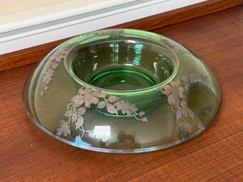Vintage Green Glass Silver Overlay Console Bowl