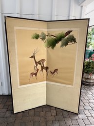 Hand Embroidered Asian 2-Panel Screen Featuring Deer