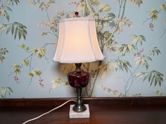 Vintage Ruby Red Cut  Glass Table Lamp On Marble Base With Silk Shade