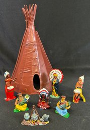 7 Native American Vintage Lead Figures With Plastic Teepee.