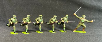 6 Vintage Britains Deetail British Infantry Lead Toy Soldiers. All Marked Britains