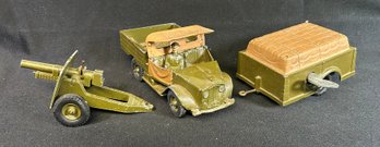 Vintage Britains Field Artillery Lot. Beetle Lorry Transport, Clockwork Military Trailer & Field Gun Howitzer.
