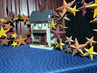 Beautiful Wood Bird House And 2 Metal Star Wreaths