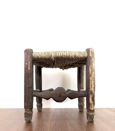 Vintage Diminutive French Folk Art Rush Top Foot Stool