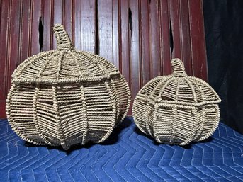 Set Of Two Woven Rope Lidded Pumpkins