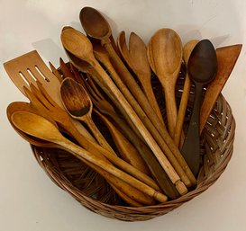 A Basket Of 18 Vintage Wooden Spoons And Other Utensils