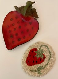Strawberry Shaped Leather Bowl And Strawberry Needlepoint Coaster