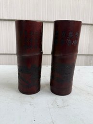 Pair Of Chinese Natural Bamboo Hand Carved Landscape Pattern Vases