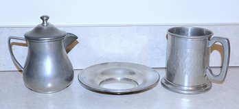 Genuine Pewter Creamer, Saucer & Hammered Mug Set