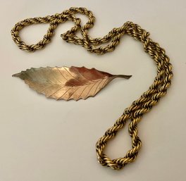 Vintage Goldtone Leaf Shaped Pin And Rope Chain Necklace