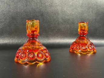 A Gorgeous Pair Of Collectible Vintage Amberina Glass Candleholders By L.E. Smith, Moon & Stars Pattern