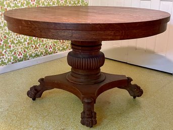 Antique Round Oak Pedestal Table With Three Extensions