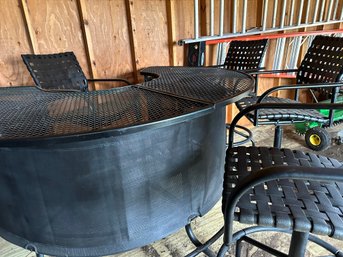 Great Half Moon Metal Bar With Metal Mesh Top And Two Interior Shelves - 4 Swivel Armed Bar Stools